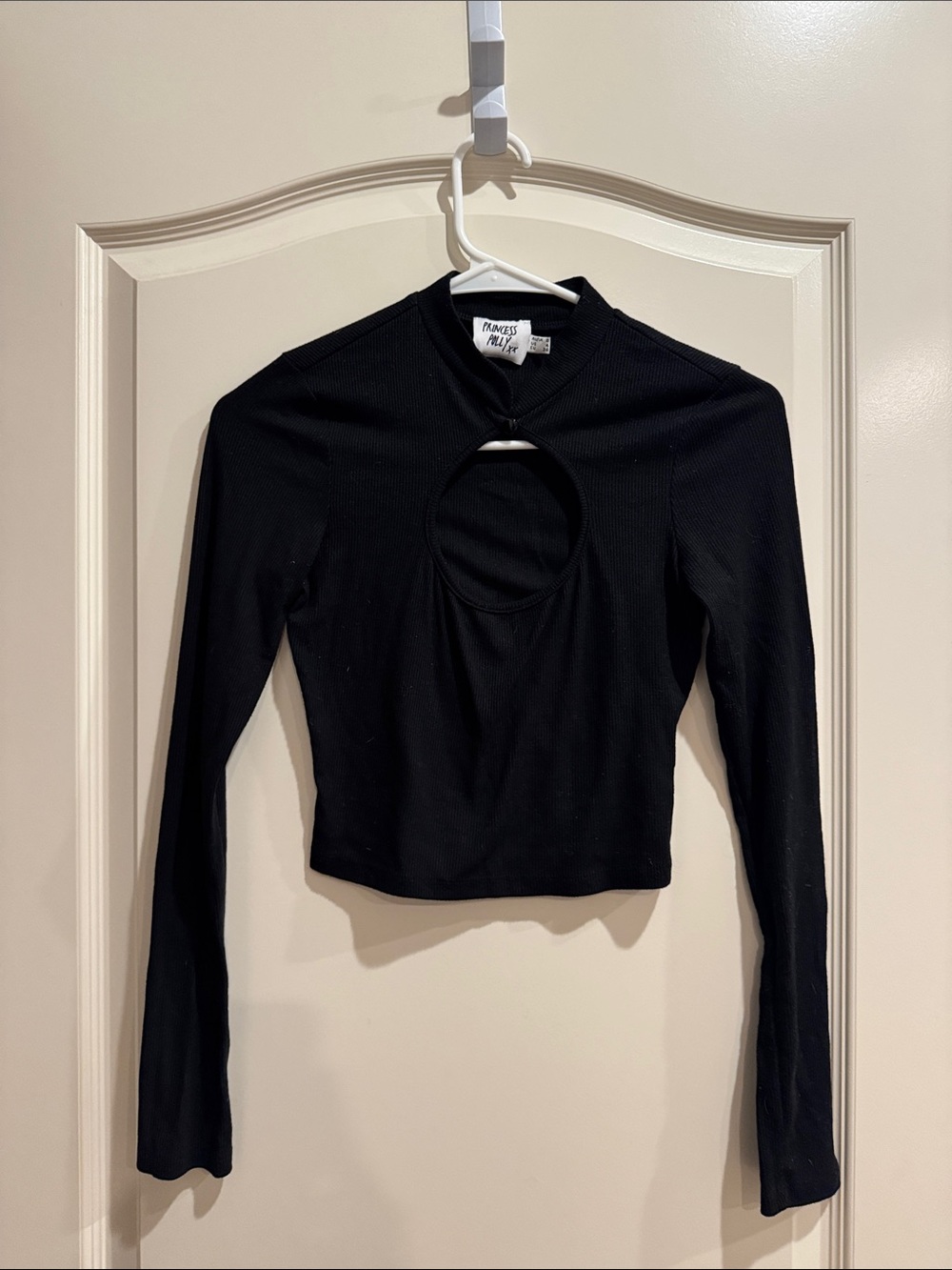 Princess Polly Black Long Sleeve Ribbed Top with Front Cutout